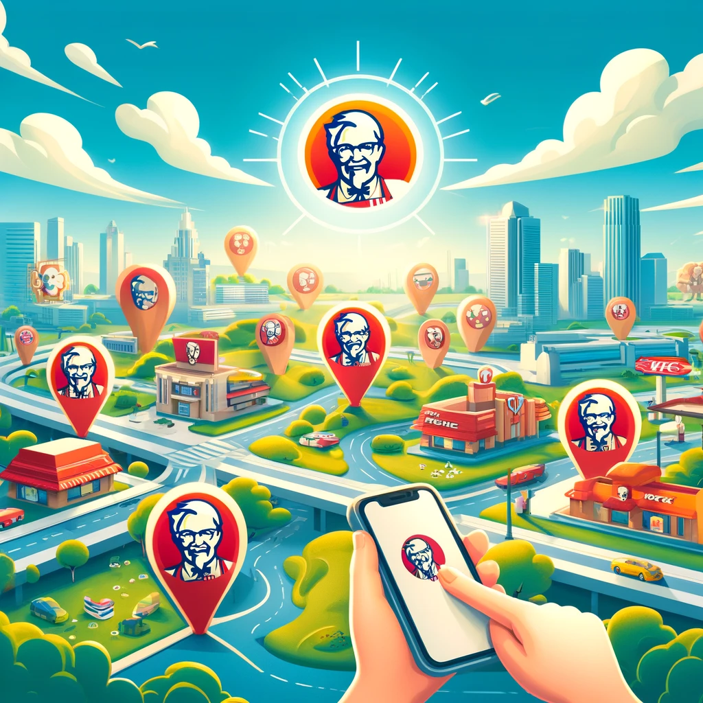A cheerful and inviting illustration showcasing a map dotted with iconic KFC restaurant locations, symbolized by the recognizable KFC bucket markers. The background features a diverse urban landscape with cityscapes, suburban areas, and highways connecting them, all under a bright and sunny sky. The image embodies the ease and accessibility of finding a KFC restaurant anywhere, emphasizing the concept of convenience and the global presence of KFC. The atmosphere is lively, with a few people seen using smartphones, perhaps interacting with a digital map, highlighting the modern and tech-savvy approach to locating their nearest KFC outlet.