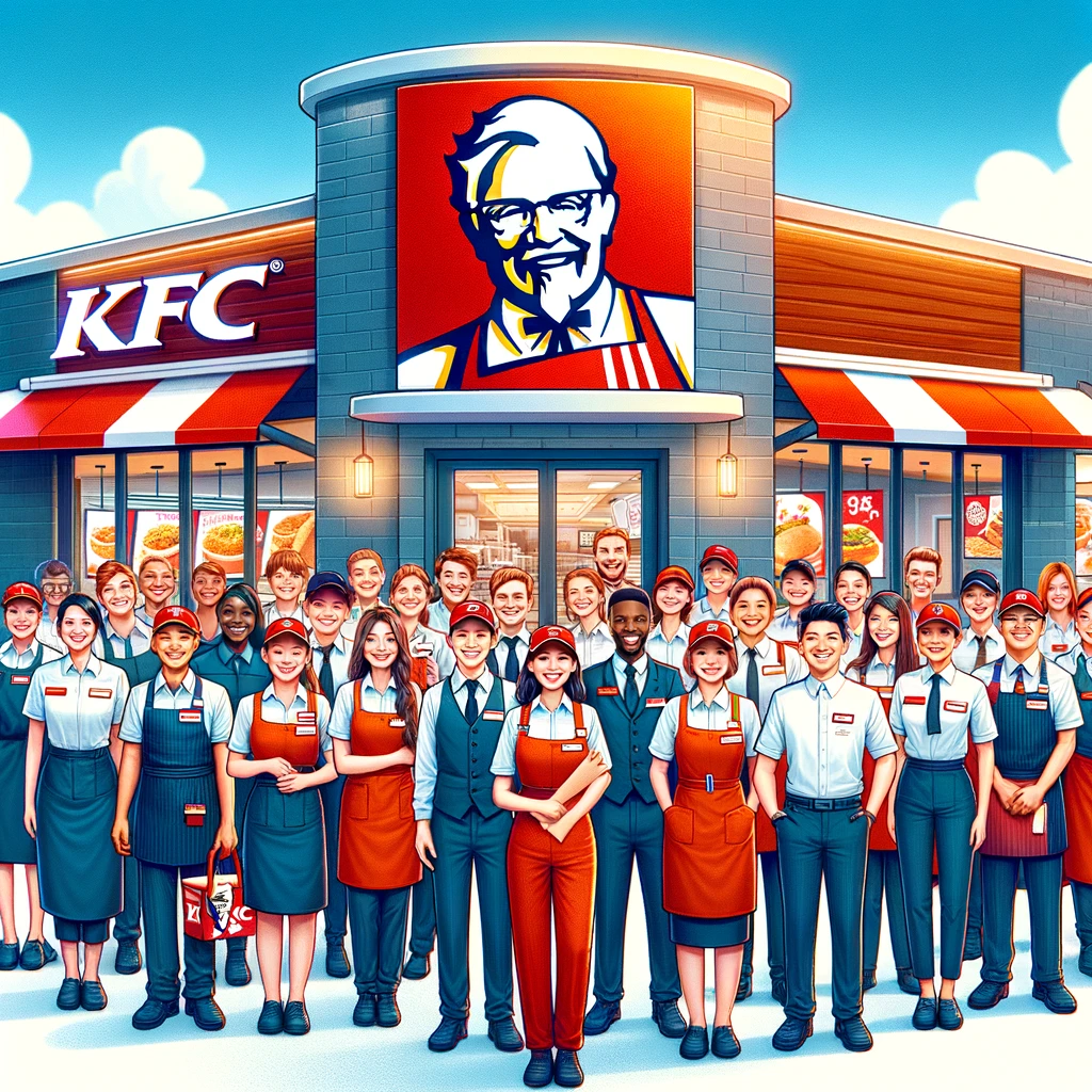 An engaging and vibrant illustration depicting a diverse group of KFC employees in uniform, smiling and standing together in front of a KFC restaurant. The group includes a variety of roles, from cashiers to kitchen staff and shift supervisors, showcasing a sense of unity and teamwork. The KFC logo is prominently displayed on the restaurant façade, and the atmosphere is welcoming, with a clear blue sky in the background. This image embodies the friendly, inclusive work environment KFC is known for, highlighting the opportunity for career growth and community within the company.